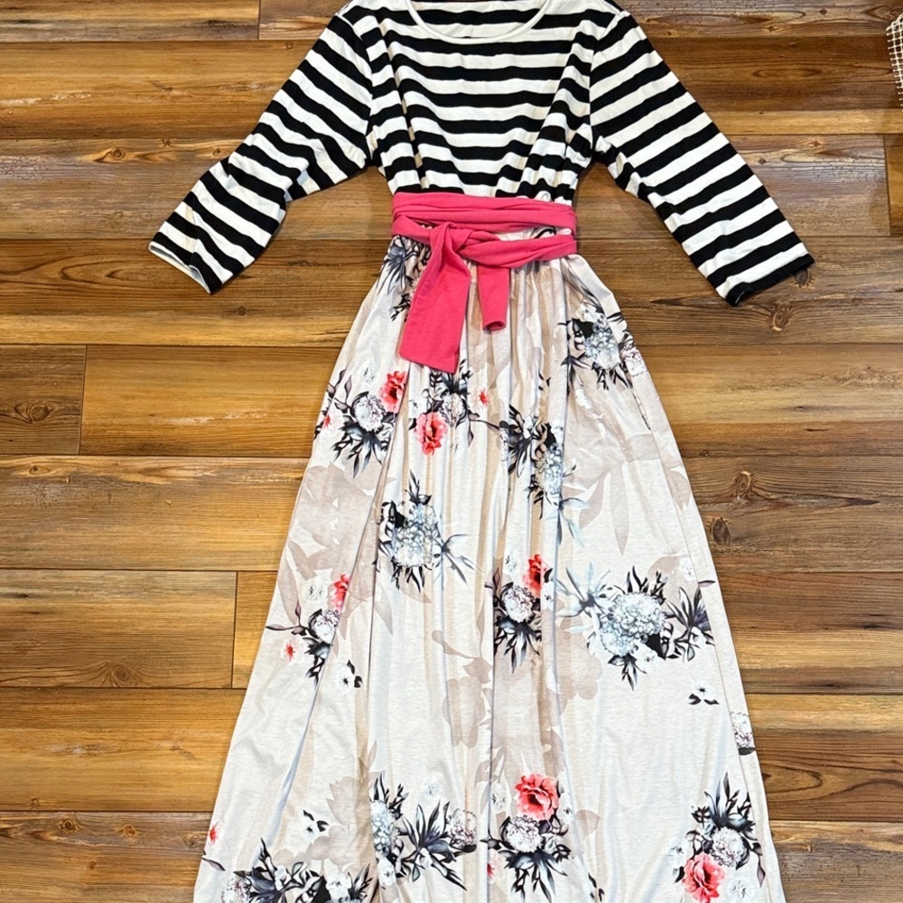 Striped Floral Top and Floral Bottom Maxi Dress with Pink Belt and Pockets